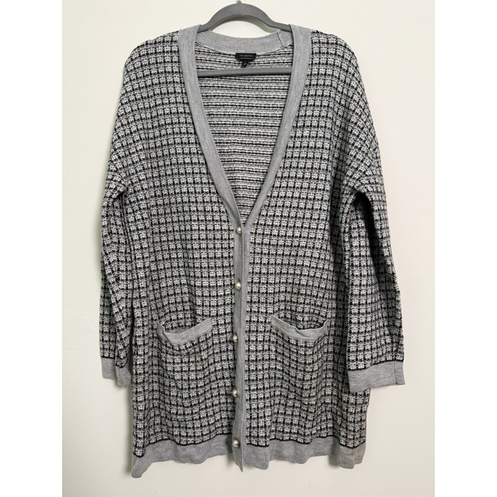 Talbots Gray Pure Merino Wool Cardigan Preppy Classic Plaid Sweater Sz XL READ